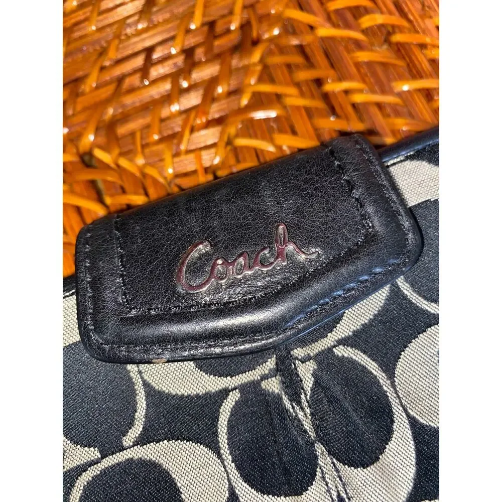 Coach Signature Canvas Black & Gray Flap Wallet Leather Trim - Picture 4 of 7